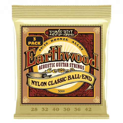 Ernie Ball Earthwood Folk Clear & Gold Ball End 80/20 Bronze Classical 3-Pack