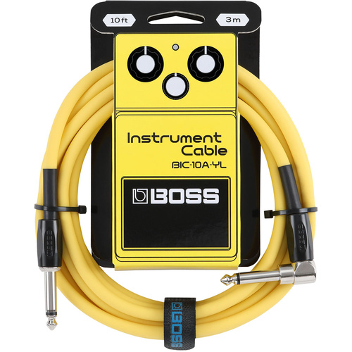 Boss BIC10A Right-Angle 1/4" to Straight 1/4" Instrument Cable - 10ft - Yellow