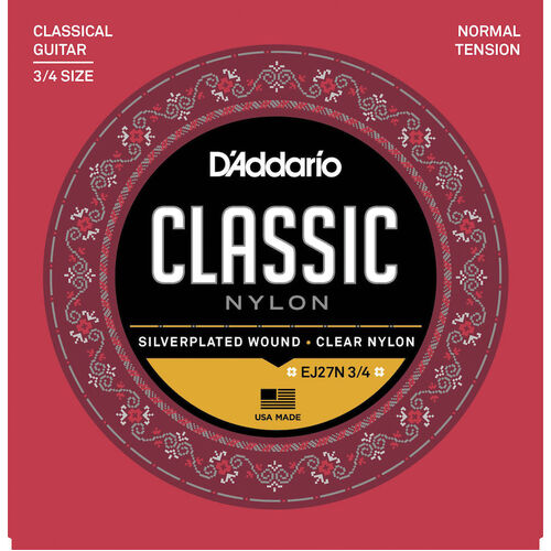 D'Addario EJ27N 3/4 Student Nylon Fractional Classical Guitar Strings, Normal Tension