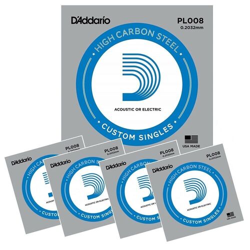 D'Addario 5 x PL008 Plain Steel Guitar Single String, .008  ( 5 Single Strings )