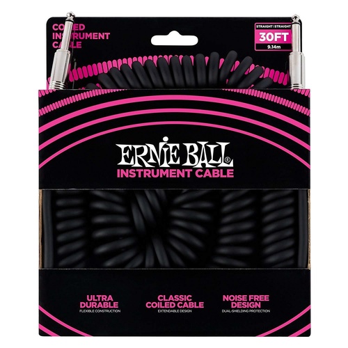 Ernie Ball 30' Coiled Straight / Straight  Instrument Cable - Black - 30 Foot