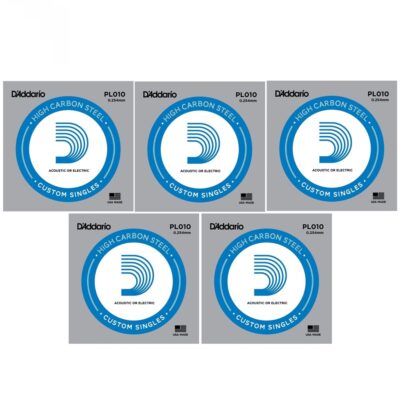 5 x D'Addario PL010 Single Plain Steel .010 Acoustic or Electric Guitar Strings