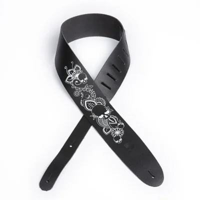 D'Addario Leather Guitar Strap, Screen Printed Skull & Flower
