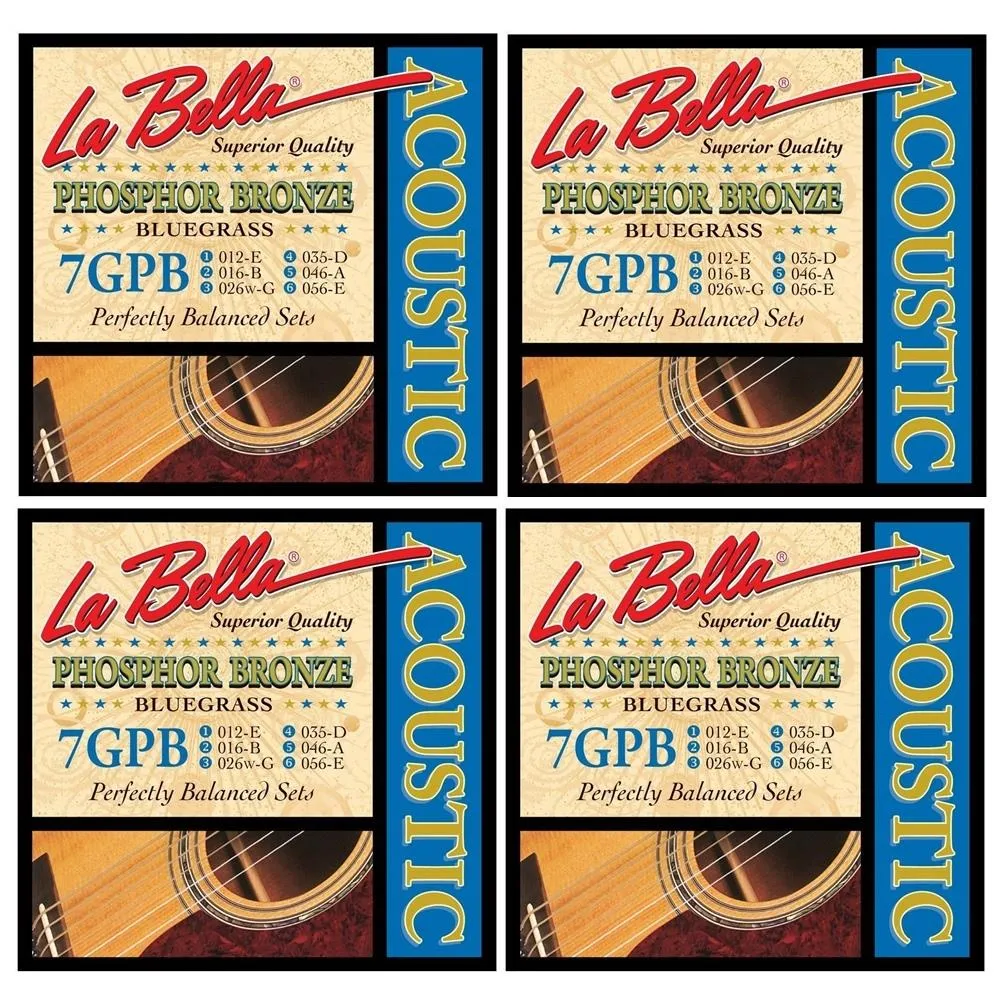 4 Sets La Bella 7GPB Phosphor Bronze Acoustic Guitar Strings Bluegrass 12 - 56