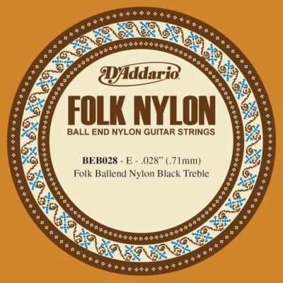 D'Addario BEB028 Folk Nylon Guitar Single String, Black Nylon, Ball End, .028