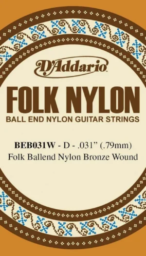 D'Addario BEB031W Folk Nylon Guitar Single String, Bronze Wound, Ball End.031