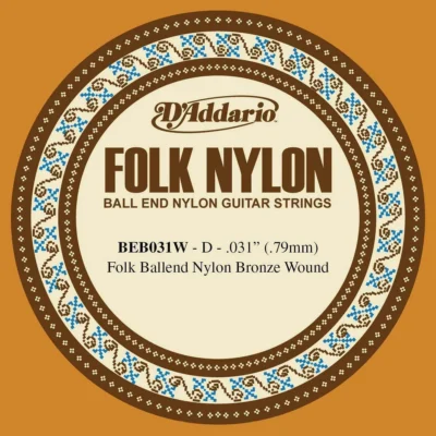 D'Addario BEB031W Folk Nylon Guitar Single String, Bronze Wound, Ball End.031