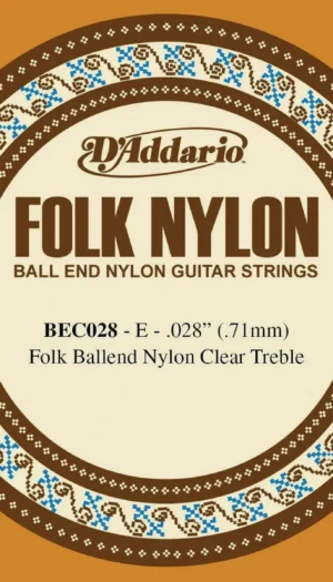 D'Addario BEC028 Folk Nylon Guitar Single String, Clear Nylon, Ball End.028