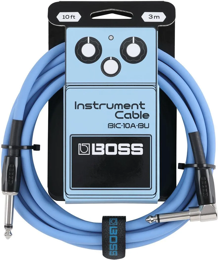 Boss BIC10A Right-Angle 1/4" to Straight 1/4" Instrument Cable - 10ft - Blue