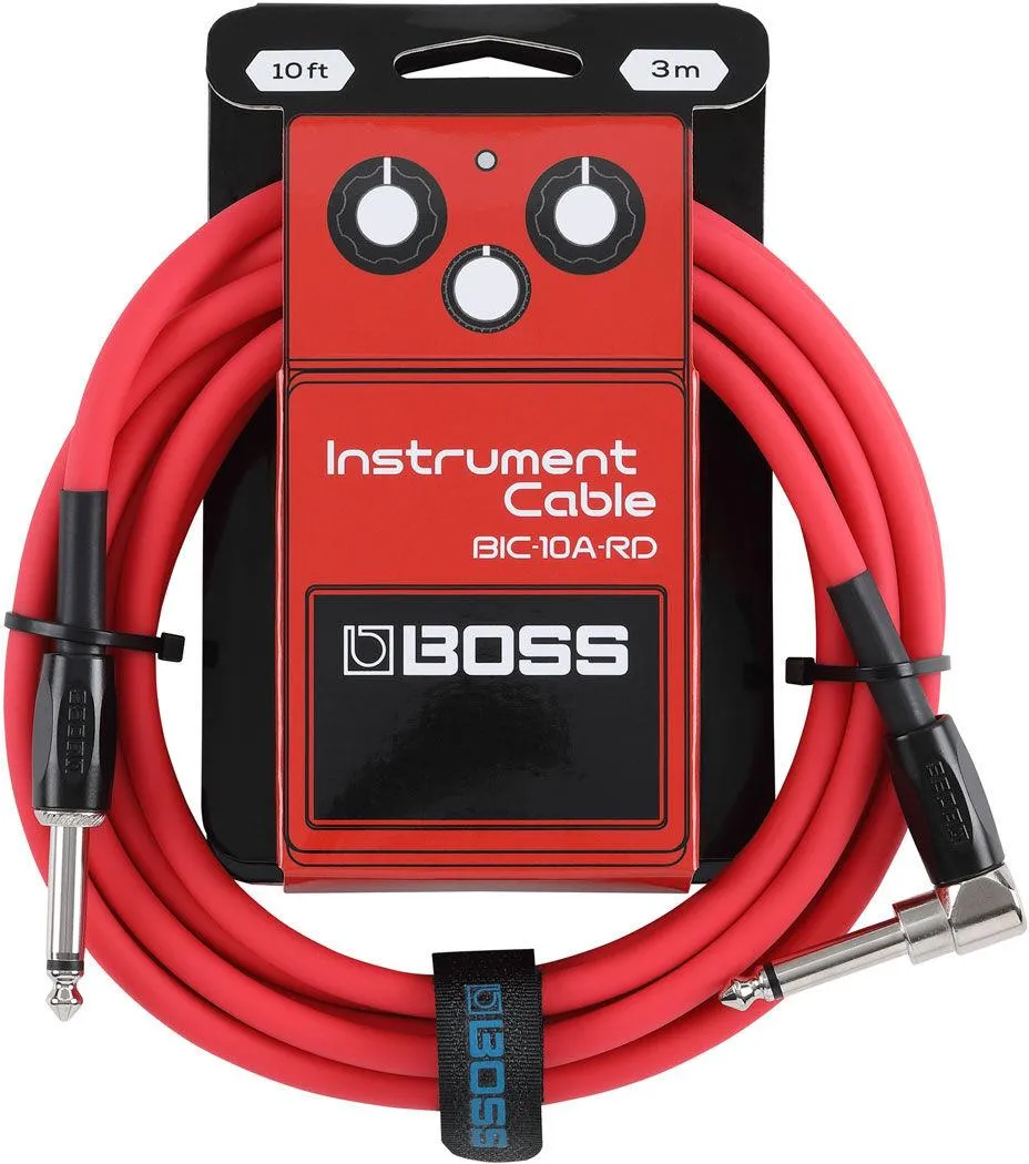 Boss BIC10A Right-Angle 1/4" to Straight 1/4" Instrument Cable - 10ft - Red