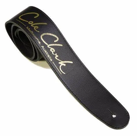 Cole Clark Guitar Strap - Black Leather with Gold Logo - Leather