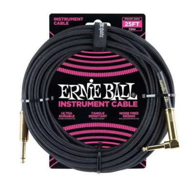 Ernie Ball 25' Straight / Angled Braided Instrument Cable - Black / Gold 7.5m