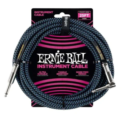 Ernie Ball 25' Straight / Angled Braided Instrument Cable - Black / Blue 7.5m