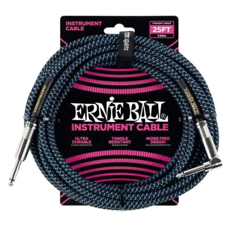 Ernie Ball 25' Straight / Angled Braided Instrument Cable - Black / Blue 7.5m