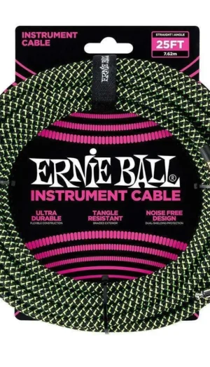 Ernie Ball 25' Straight / Angled  Braided Instrument Cable - Black / Green  7.5m