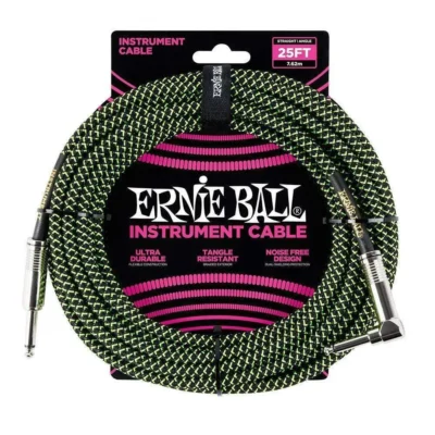 Ernie Ball 25' Straight / Angled  Braided Instrument Cable - Black / Green  7.5m