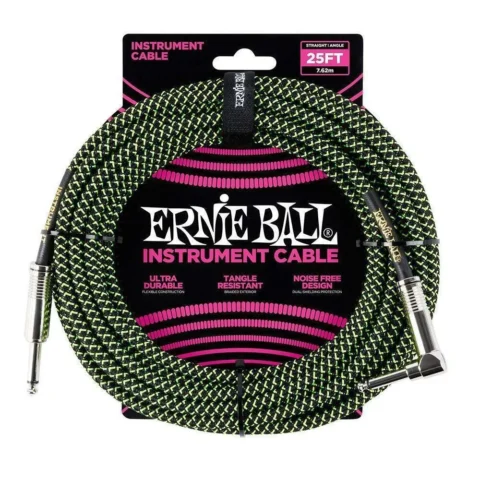 Ernie Ball 25' Straight / Angled Braided Instrument Cable - Black / Green 7.5m