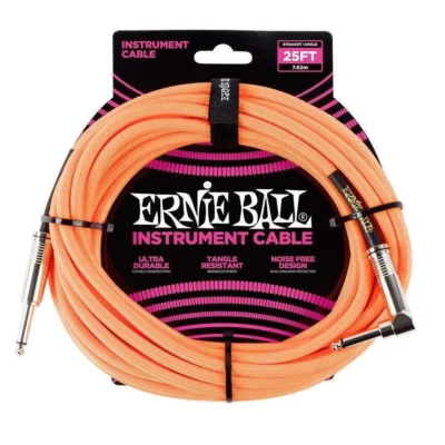 Ernie Ball 25' Straight / Angled Braided Instrument Cable - Neon Orange