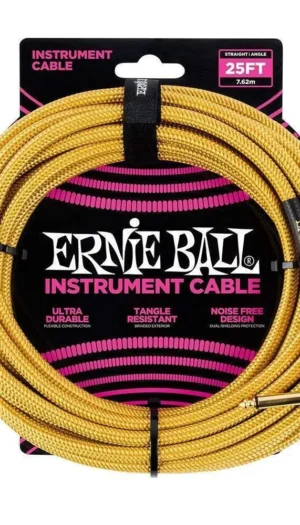Ernie Ball 25' Straight / Angled  Braided Instrument Cable Gold / Gold