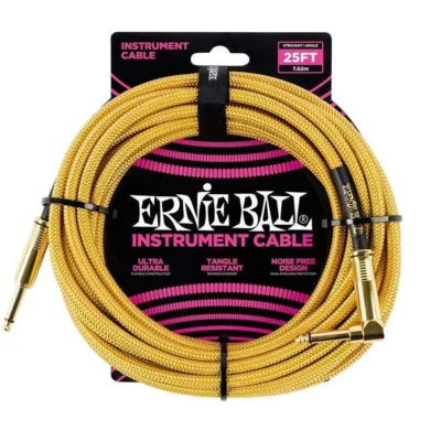 Ernie Ball 25' Straight / Angled Braided Instrument Cable Gold / Gold