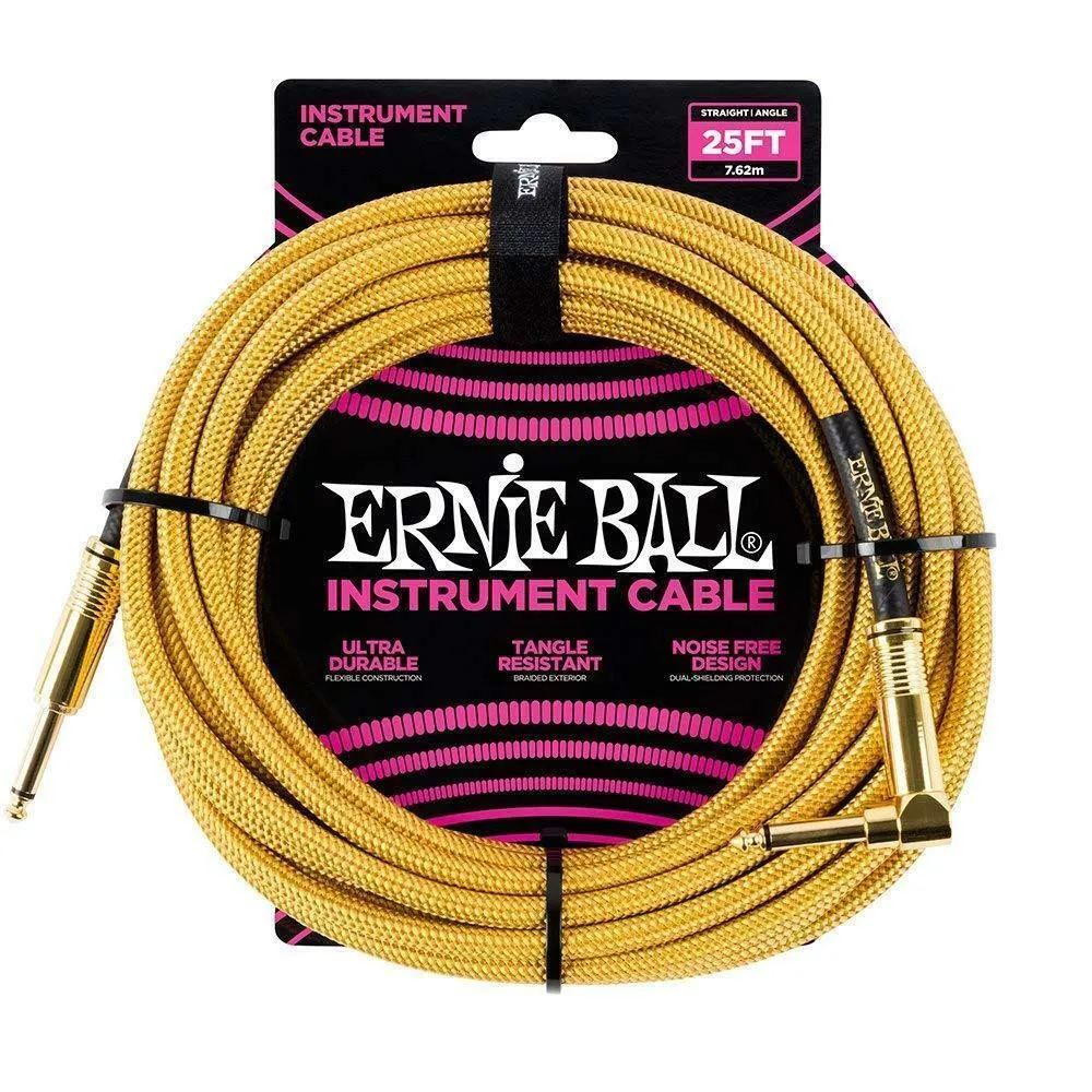 Ernie Ball 25' Straight / Angled Braided Instrument Cable Gold / Gold