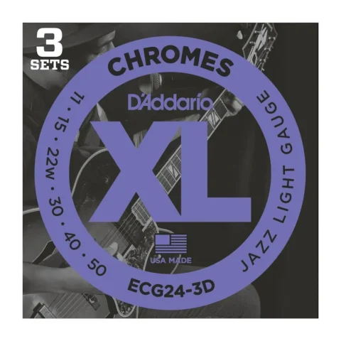 D'Addario ECG24-3D Chromes Flat Wound Electric Guitar Strings, Jazz Light, 11-50, 3 Sets