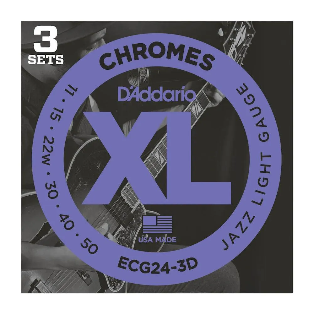 D'Addario ECG24-3D Chromes Flat Wound Electric Guitar Strings, Jazz Light, 11-50, 3 Sets