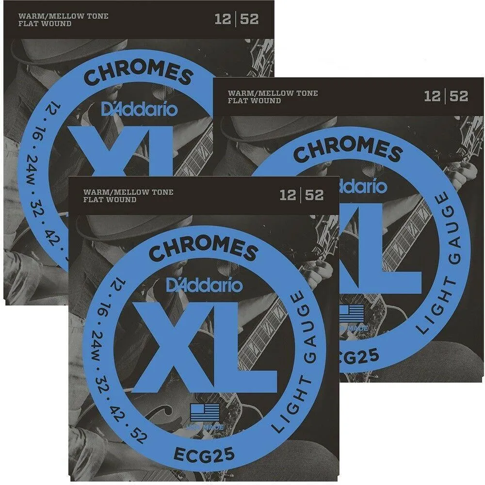 3 sets D'Addario ECG25 Chromes Flat Wound Light Electric Guitar Strings 12 -52