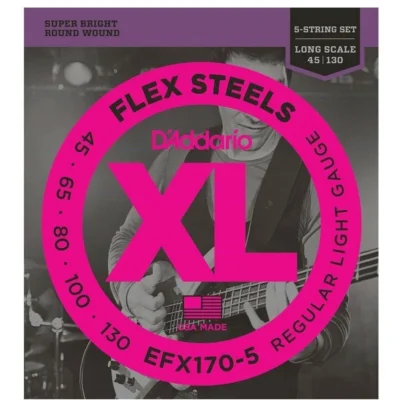D'Addario EFX170-5 5-String FlexSteels Bass Guitar Strings Light, 45-130, Long