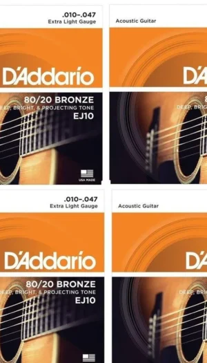 4 sets D'Addario EJ10 80/20 Bronze Extra Light Gauge Acoustic Guitar Strings
