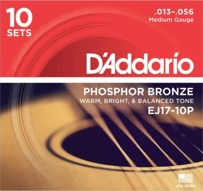 10  Pack D'Addario EJ17 Phosphor Bronze  Medium Acoustic Guitar Strings 13 - 56