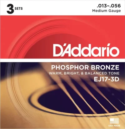 D'Addario EJ17-3D Phosphor Bronze Acoustic Guitar Strings, Medium, 13-56, 3 Sets
