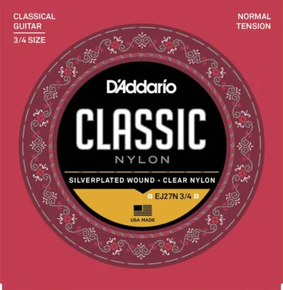 D'Addario EJ27N 3/4 Student Nylon Fractional Classical Guitar Strings, Normal Tension