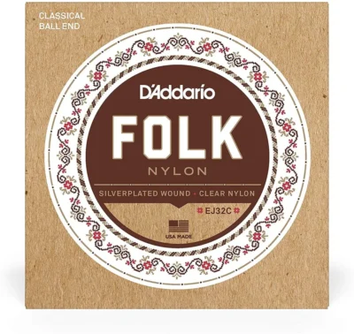 D'Addario EJ32C Folk Nylon Guitar Strings Ball End Silver Wound/Clear Nylon Treb