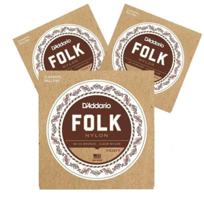 3 x D'Addario EJ33 Folk Nylon Guitar Strings Ball End 80/20 Bronze/Clear Nylon