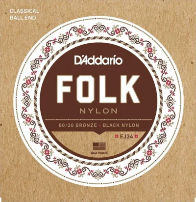D'Addario EJ34 Folk Nylon Guitar Strings, Ball End, 80/20 Bronze Black Nylons