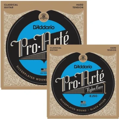 2 x D'Addario EJ50 Pro-Arte Black Nylon Classical Guitar Strings, Hard Tension