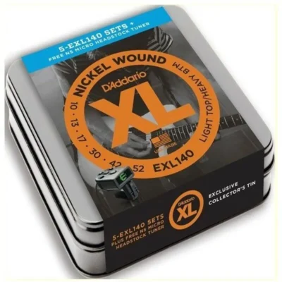 5 x D'addario EXL140 Guitar Strings Collectors Tin + Free Micro Tuner PW-CT-12