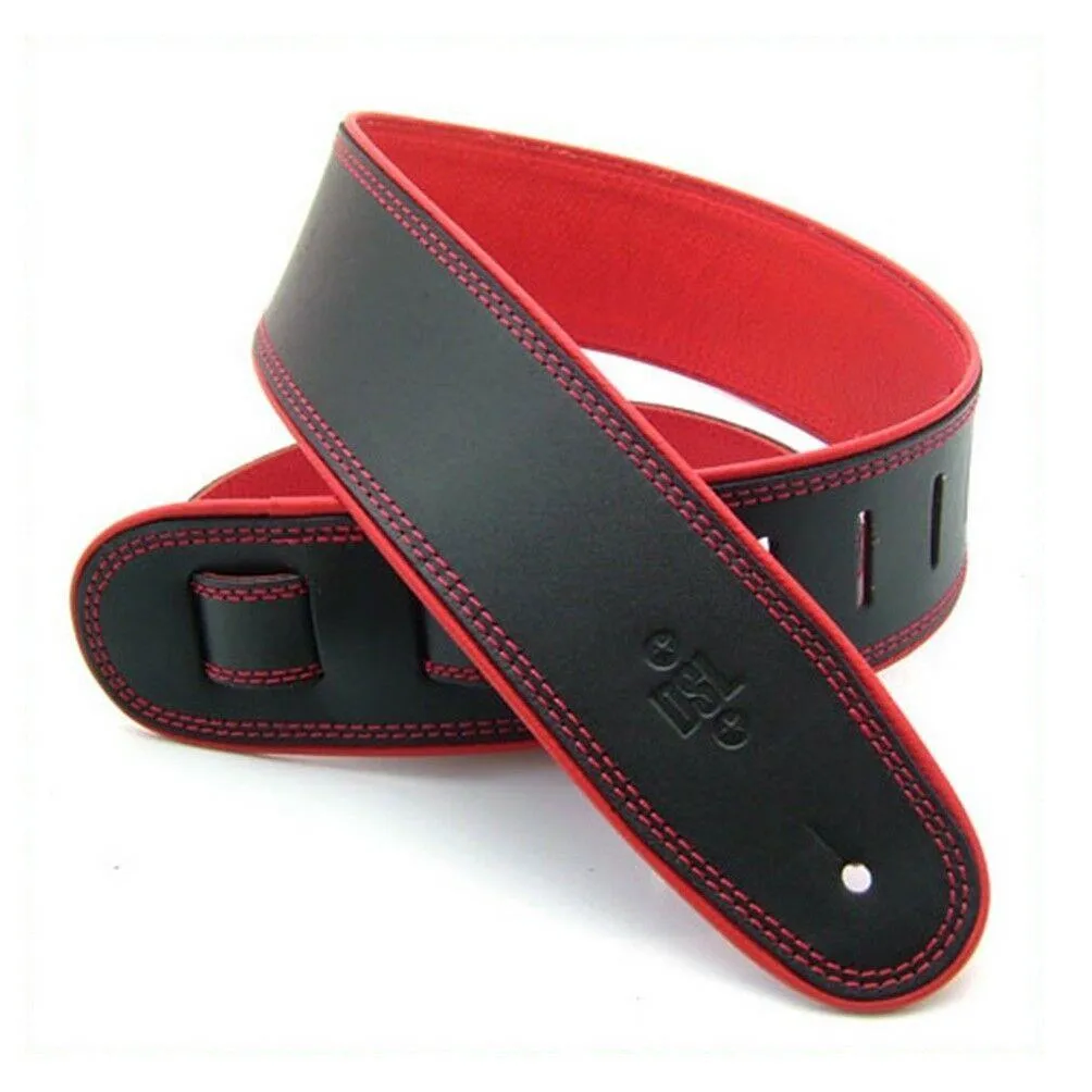 DSL Premium Leather Guitar Strap 2.5" Black/Red Rolled Edge Hand Made Australia