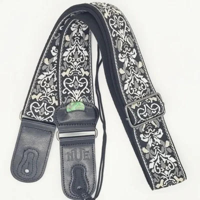 NVE jacquard black white guitar strap Leather Ends with built in pick holder