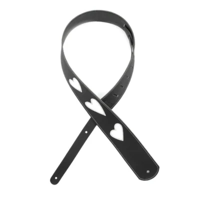 D'Addario Deluxe Leather Guitar Strap, Heart Icon Patches, Black with White