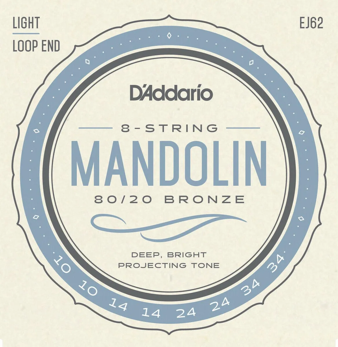 D'Addario EJ62 80/20 Bronze Mandolin Strings Light 10 - 34 loop Ends