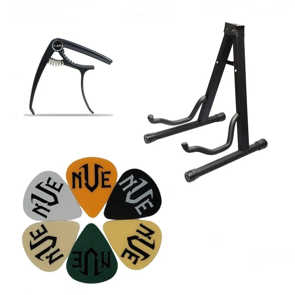 Angkor Music Acoustic / Electric Guitar Bundle - Picks - Stand - Capo