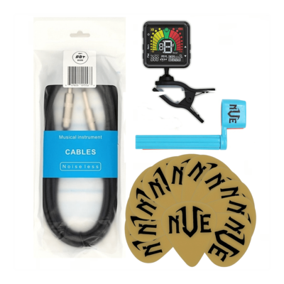 NVE Guitar Accessories Pack - Tuner - 12 Picks - Instrument Cable - Peg Winder