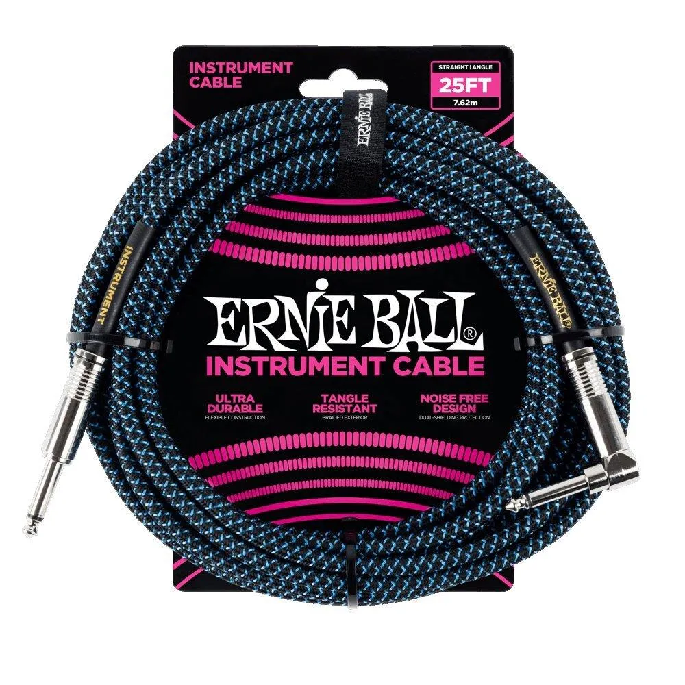 Ernie Ball 7.5 Meter Braided Straight - Angle Instrument Cable, Black - Blue