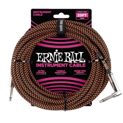 Ernie Ball 7.5M Braided Straight - Angle Instrument Cable Black - Orange