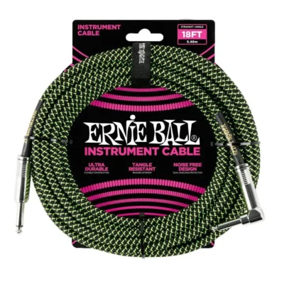 Ernie Ball 5.5 Meters Feet Braided Straight - Angle Inst Cable - Black - Green