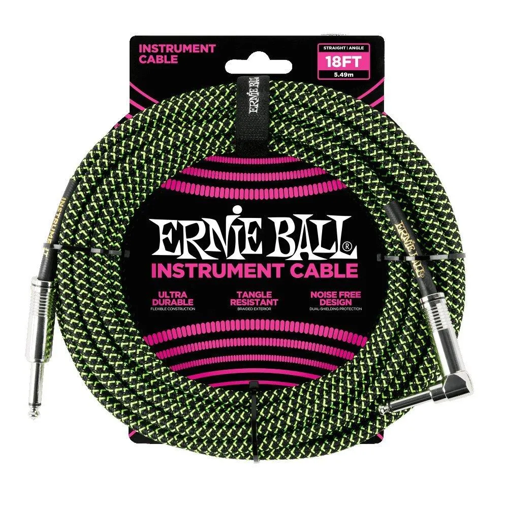 Ernie Ball 5.5 Meters Feet Braided Straight - Angle Inst Cable - Black - Green