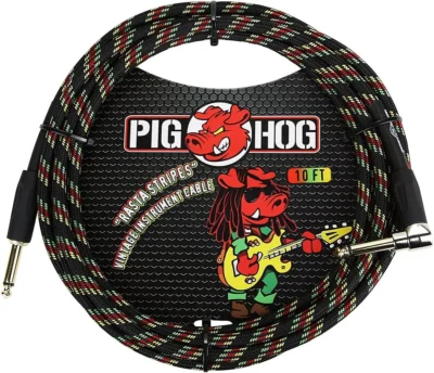 Pig Hog   Instrument Cable 1/4"  Straight to Right Angle Rasta Stripes