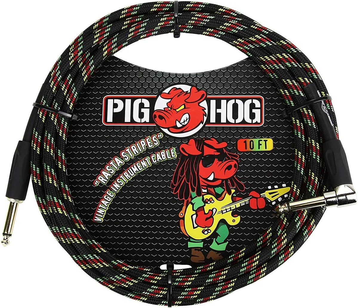 Pig Hog Instrument Cable 1/4" Straight to Right Angle Rasta Stripes